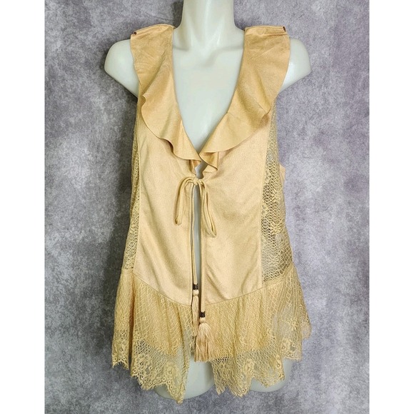 Miss Me Jackets & Blazers - Miss Me Lace Trim Vest Women Medium Mustard Yellow Boho Ruffle Tie Front Western